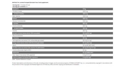 NAPALM Pre-contest pumped stimulant free 350 g Nutration fact